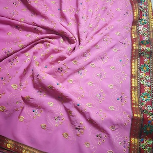 Rose Pink Hand Embroidered Old/Pre-loved Indian sari,Used embroidered sari, For wedding Decoration, home decor, sewing and crafting,
