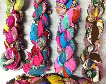 Embroidered mix silk ribbon by weight, Multicolor Assorted Sari silk Recycled ribbon Weaving knitting, fiber arts, Fuzzy edge, Ribbon yarn