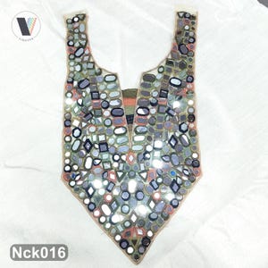 Embroidered Mirror Work Neck Yoke Patch on Tulle | Multicolor Thread Embroidery Neckline Applique | Ethnic Dress, Blouse, Kurti DIY (1 Pc)