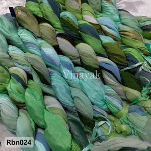 Shades of Green sari fabric ribbons, solid colors light weight 120 gm assorted, Art craft yarn Weaving, knitting, fiber arts, Jewelry making