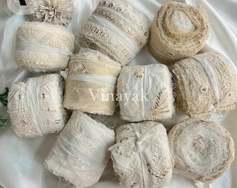 2 inch white Embroidered recycled viscose silk ribbons, Ribbons for Weaving, fiber arts, Fuzzy edge, decorative ribbon, hand dye able ribbon
