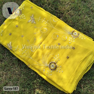 Lemon Yellow chiffon light weight Embroidered Old Used Indian sari, for wedding festival canopy Decoration, Up cycled sewing dress crafting