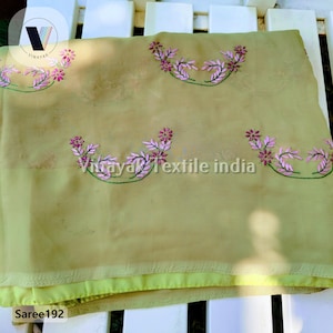 Hena Olive green hand Embroidered Old/Pre-loved Indian sari, Used embroidered sari, wedding festival canopy Decoration sewing crafting dress
