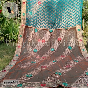 Teal green Embroidered sequins Old/Pre-loved Indian sari, Used embroidered sari, For wedding festival canopy Decoration, sewing crafting