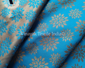 48" width Turquoise Brocade by the yard, Art silk Banaras Brocade Fabric, jacquard art deco DIY Craft sewing fabric, Home decor, backdrop