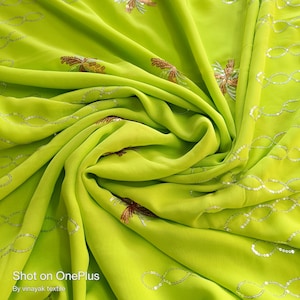 Bright Lemon Green Embroidered Old/Pre-loved  sequins sari,Used embroidered sari, For wedding Decoration, home decor, sewing and crafting,