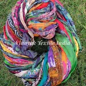 Printed Mix silk ribbon Multi color Assorted Sari silk Recycled, Weaving knitting, fiber arts, Fuzzy edge, gift wrapping, mix silk ribbon