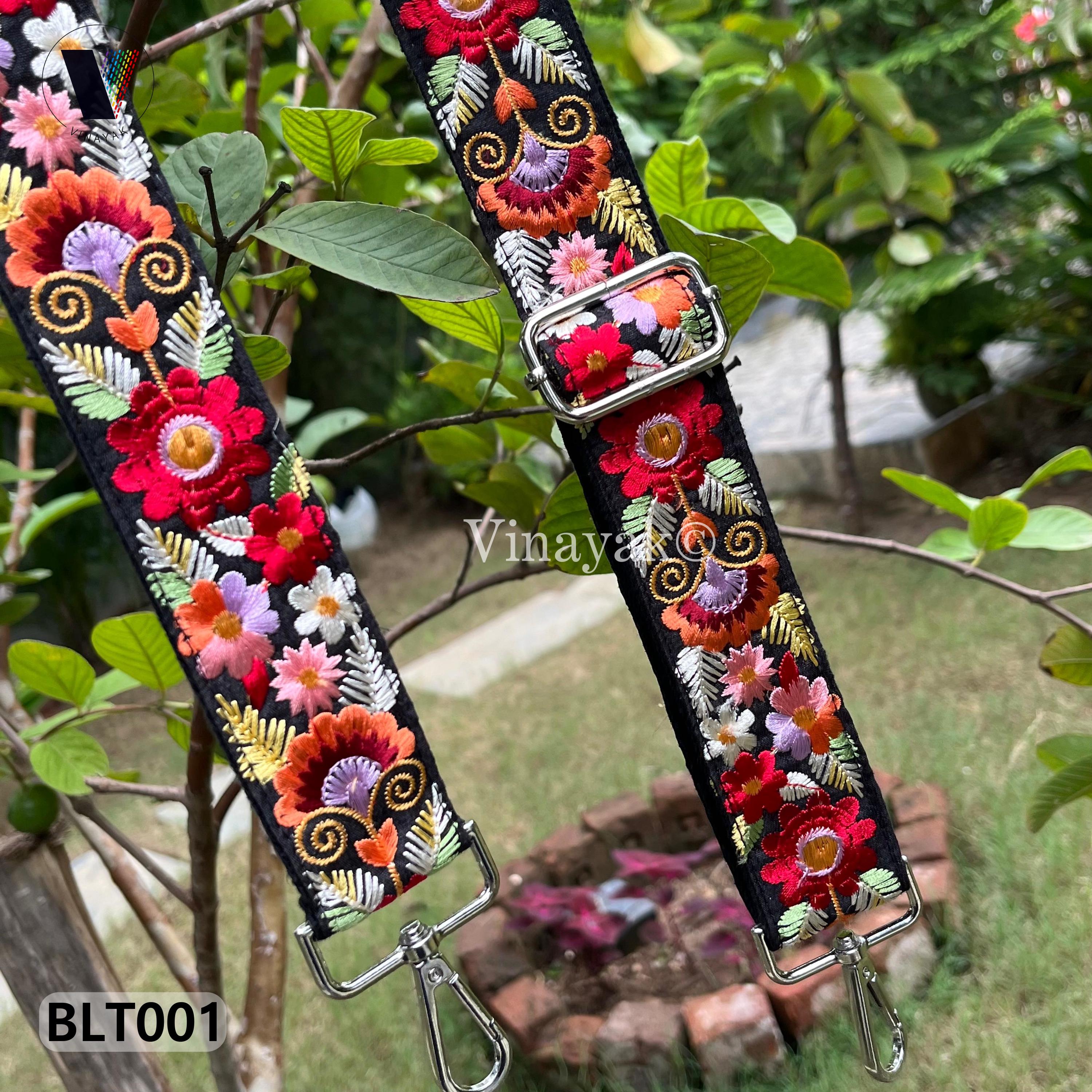 Black Multi Color Floral Embroidered Bag Strap, Purse  display picture 2
