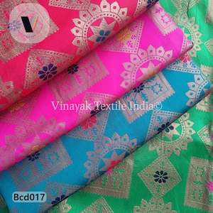 48&quot; Pink red green Brocade by the yard, Indian jacquard fabric, lehenga skirt dress fabric, Art Interior home decor sewing crafting backdrop