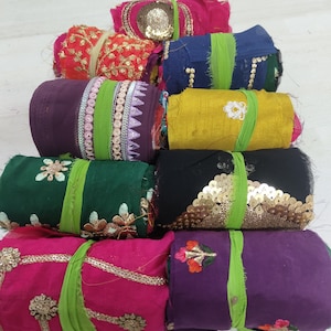 3" meerkleurige goudgeborduurde geassorteerde zijden linten, sari-zijde gerecycled lint weven, vezelkunst pluizige rand, bruiloftdecoratiestrip