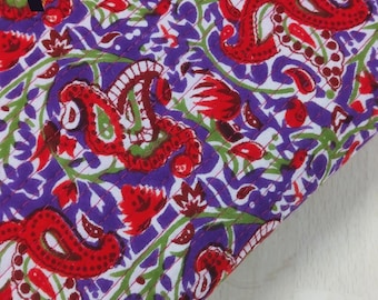 Purple Red floral Indian hand block print Quilted cotton fabric, quilted jacket coat, cosmetic pouch bag making, Baby Blanket, pillow cover