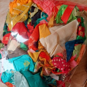 scrap fabric Bag, Indian Textile off-cuts, small tiny pieces, random shape, mix fabric scraps, grab bag, junk journals, sewing, textile art