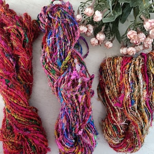 Recycled handspun sari Silk fibre yarn, multicolored  yarn, sari silk waste yarn, for crocheting, knitting, weaving, wallhanging, art craft