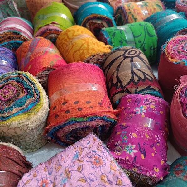 3" Chiffon ribbon roll 100g printed Assorted Sari silk Recycled ribbon Weaving knitting, fiber arts raw edge decorative ribbon, gift wraping