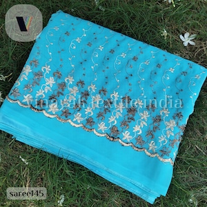 Blue aqua Embroidered sequins Old/Pre-loved Indian sari, Used embroidered sari, For wedding festival canopy Decoration, sewing crafting