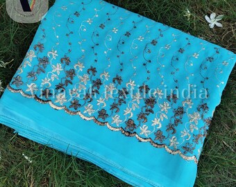 Blue aqua Embroidered sequins Old/Pre-loved Indian sari, Used embroidered sari, For wedding festival canopy Decoration, sewing crafting