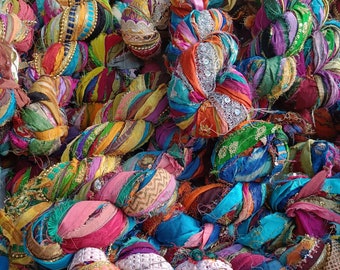 Embroidered mix silk ribbon by weight, Multicolor Assorted Sari silk Recycled ribbon Weaving knitting, fiber arts, Fuzzy edge, Ribbon yarn