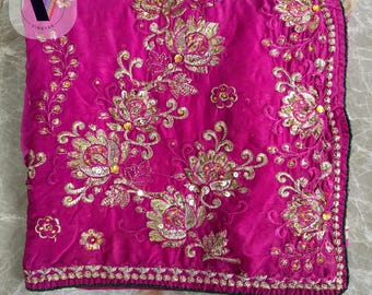 Fuchsia Pink Embroidered Old Pre-loved Indian Sequins sari,Used embroidered sari, canopy wedding Decoration, home decor, sewing crafting
