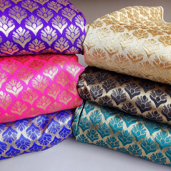Brocade by yard, 48" width Indian brocade, Art silk Brocade, Moroccan Leaf design,Pink, Blue,Beige Banaras Brocade Fabric blouse fabric