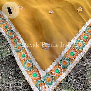 Amber Gold color Sequins bead Embroidered Old-Used Indian sari, wedding canopy Decoration, Up cycled clothing Making Lehenga sewing crafting
