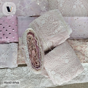 Nastri di seta sari in viscosa riciclata ricamati rosa pastello da 3-4" per tessitura, arte in fibra, decorazione per matrimoni, bordo sfocato, nastro morbido e setoso