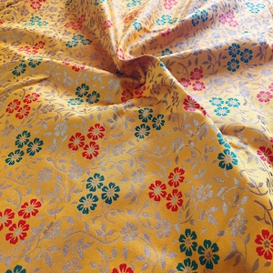Yellow Red Green Brocade by the yard, Indian jacquard fabric decoration lehenga skirt dress fabric,Art silk Interior decor sewing crafting