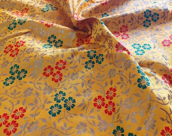 Yellow Red Green Brocade by the yard, Indian jacquard fabric decoration lehenga skirt dress fabric,Art silk Interior decor sewing crafting