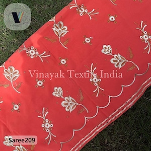 Coral Red Embroidered Old Indian sari, Used embroidered sari, wedding Canopy Decoration, home decor, sewing up cycled clothing, crafting