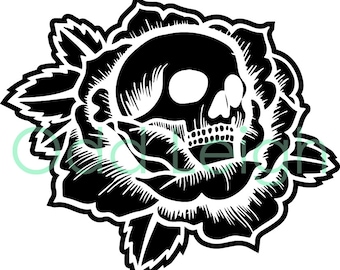 May include: Black and white illustration of a skull inside a rose. The skull has a detailed design with a prominent eye socket and teeth.