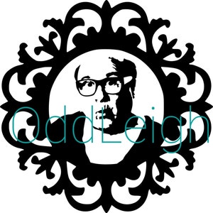 May include: Black and white silhouette of a man with glasses wearing a shirt, framed in a decorative ornate frame. The text "Odd Leigh" is visible below the frame.
