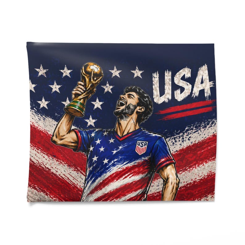 May include: Illustration of a soccer player holding a gold trophy, celebrating against a backdrop of the American flag. The player wears a blue jersey with the USA logo. The word "USA" is prominently displayed.