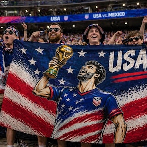 Pode incluir: Uma multidão de fãs comemora em um jogo de futebol, segurando uma grande bandeira com o design da bandeira dos EUA e a palavra "USA". A bandeira apresenta uma ilustração de um jogador de futebol segurando um troféu. O estádio tem uma faixa que diz "USA vs. México".