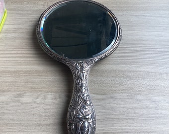 Antique Edwardian Art Nouveau Vintage Sterling Silver Hand Mirror Chester 1907 William Neale