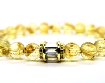 ABONDANCE ÉLÉGANTE Bracelet de perles de guérison citrine en or 24 carats et zircone cubique pour homme ou femme