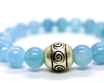 PALE BLUE JOURNEY Premium Aquamarine and Silver Plated Spiral Focal Bead 10mm