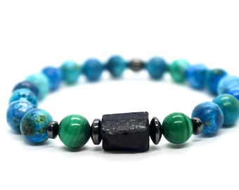 SOUL STRENGTH Chrysocolla black tourmaline malachite with hematite healing beaded bracelet for men or women