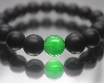 ABONDANCE ET RICHESSE Bracelet de perles de guérison reiki chargé de jade vert et d'onyx noir mat pour homme ou femme