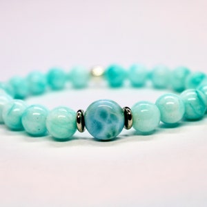 Bracelet de perles de larimar authentique et de jade bleu clair infusé de Reiki pour la guérison chargée pour homme ou femme OCEAN image 2