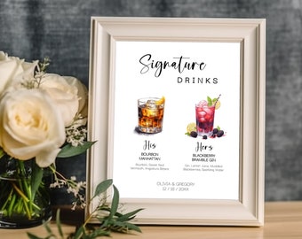 His and Hers Signature Drinks Sign Template, Signature Cocktail, Minimalist Wedding Bar Menu, His and Hers Bar Sign, Editable Template D/L