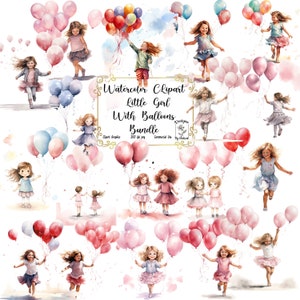 Little Girl With Balloons Clipart Bundle PNG di alta qualità / 32 illustrazioni, creazione di biglietti, scrapbooking di diario spazzatura, uso commerciale