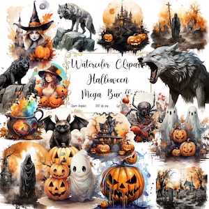 234 Watercolor Happy Halloween Clipart Mega bundle High Quality PNG | Jack-O-Lantern, Witch, Bat, Zombie, Wolf, Illustrations Commercial Use
