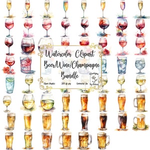 62 Aquarell Bier, Wein und Champagner Bundle Hochwertige PNGs | Alkohol Getränke Clipart, Cocktail Illustrationen Karte, die kommerzielle Nutzung