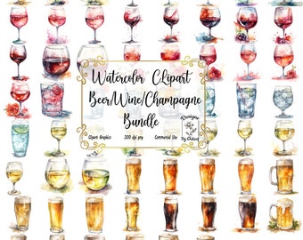 62 Watercolor Beer, Wine, and Champagne Bundle High Quality PNGs | Alcohol Drinks Clipart, Cocktail Illustrations Card Making Commercial Use
