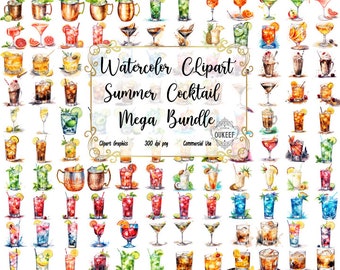 May include: A set of 70 watercolor clipart images of summer cocktails in various glasses and mugs. The images are 300 dpi png files and are for commercial use.