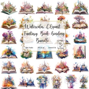 Watercolor Fantasy Books Clipart in High Quality PNGs | Open Book Clipart | Book Bundle | Vintage Books Stack Library Old Books, Magic Books