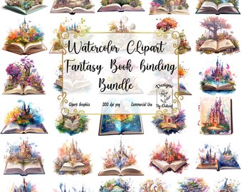 Puede incluir: Un conjunto de 20 imágenes de clipart de acuarela que representan encuadernaciones de libros de fantasía. Cada imagen representa una escena diferente con castillos, árboles y otros elementos mágicos que emergen de las páginas de un libro abierto.