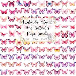 100 Aquarell Rosa Schmetterlinge Clipart Mega Bundle Hochwertige PNGs, Rosa-Rote Schmetterlinge, Rosa-Lila Schmetterlinge, Rosa-Gelbe Schmetterlinge
