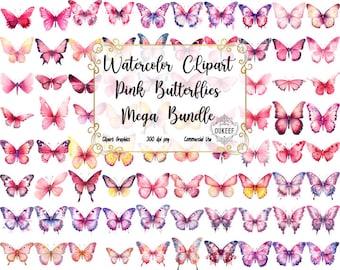 100 Watercolor Pink Butterflies Clipart Mega bundle High Quality PNGs, Pink-Red butterflies, Pink-Lilac Butterflies, Pink-Yellow Butterflies