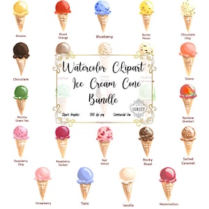 Pacchetto clipart gelato acquerello PNG di alta qualità / dessert / dolcetti estivi / cono gelato / creazione di biglietti, uso commerciale