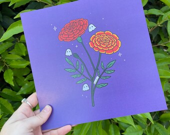 Marigolds with cute ghosties 8x8in art print , October birth flower